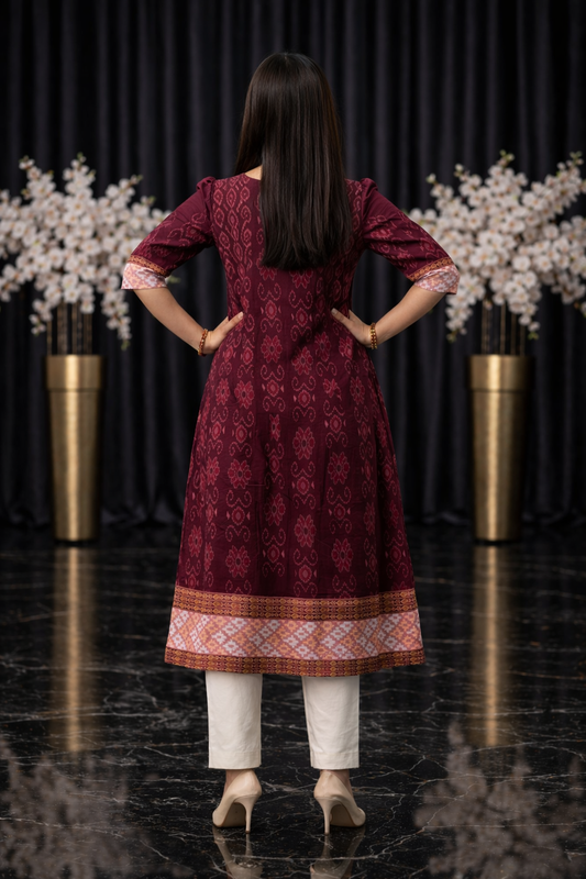 Maroon Ikat-Inspired Ethnic Cotton Kurti (maroon)