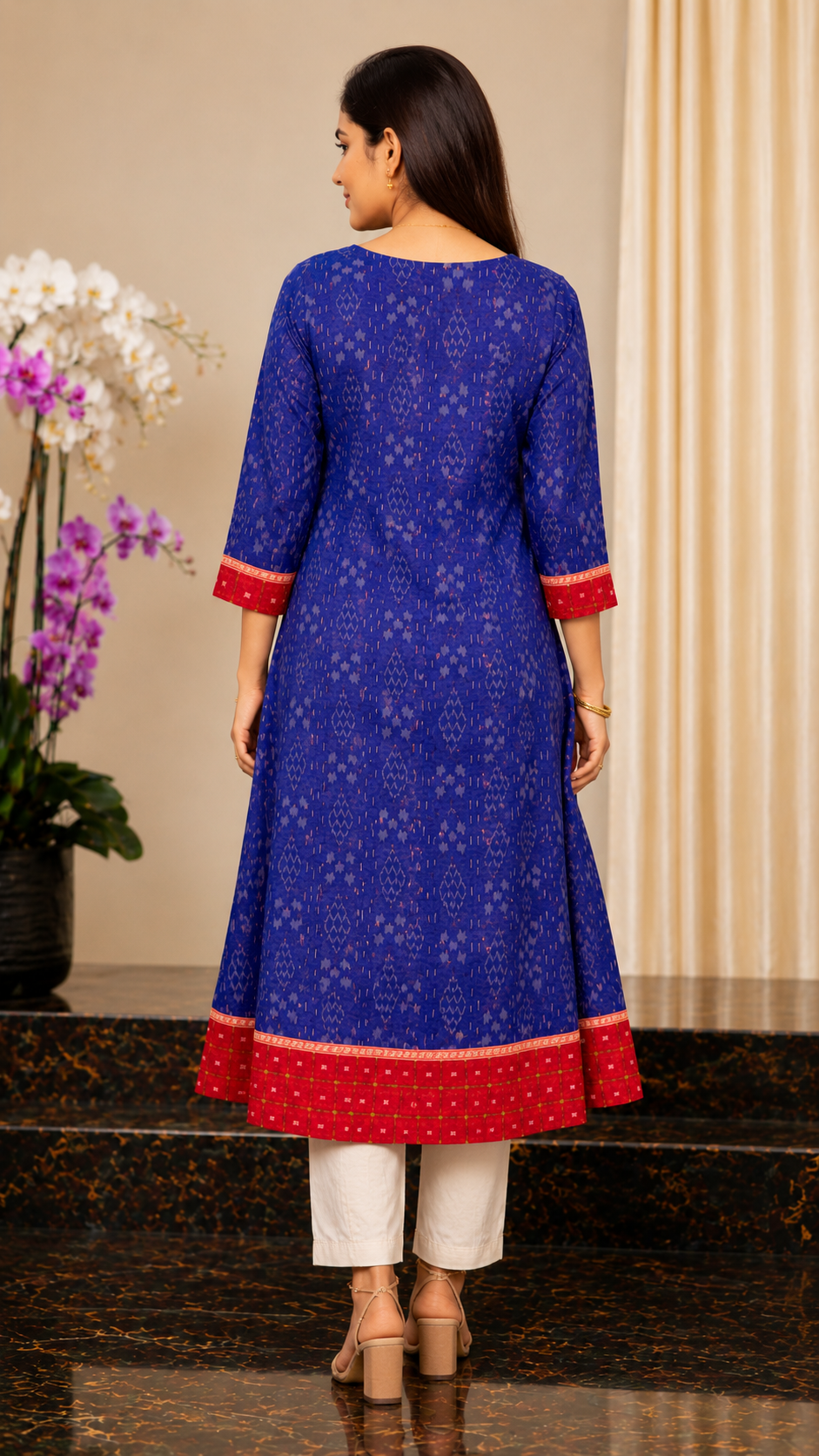 Elegant Blue Cotton Ikat Flared Kurti with Contrast Red Yoke (blue, red)