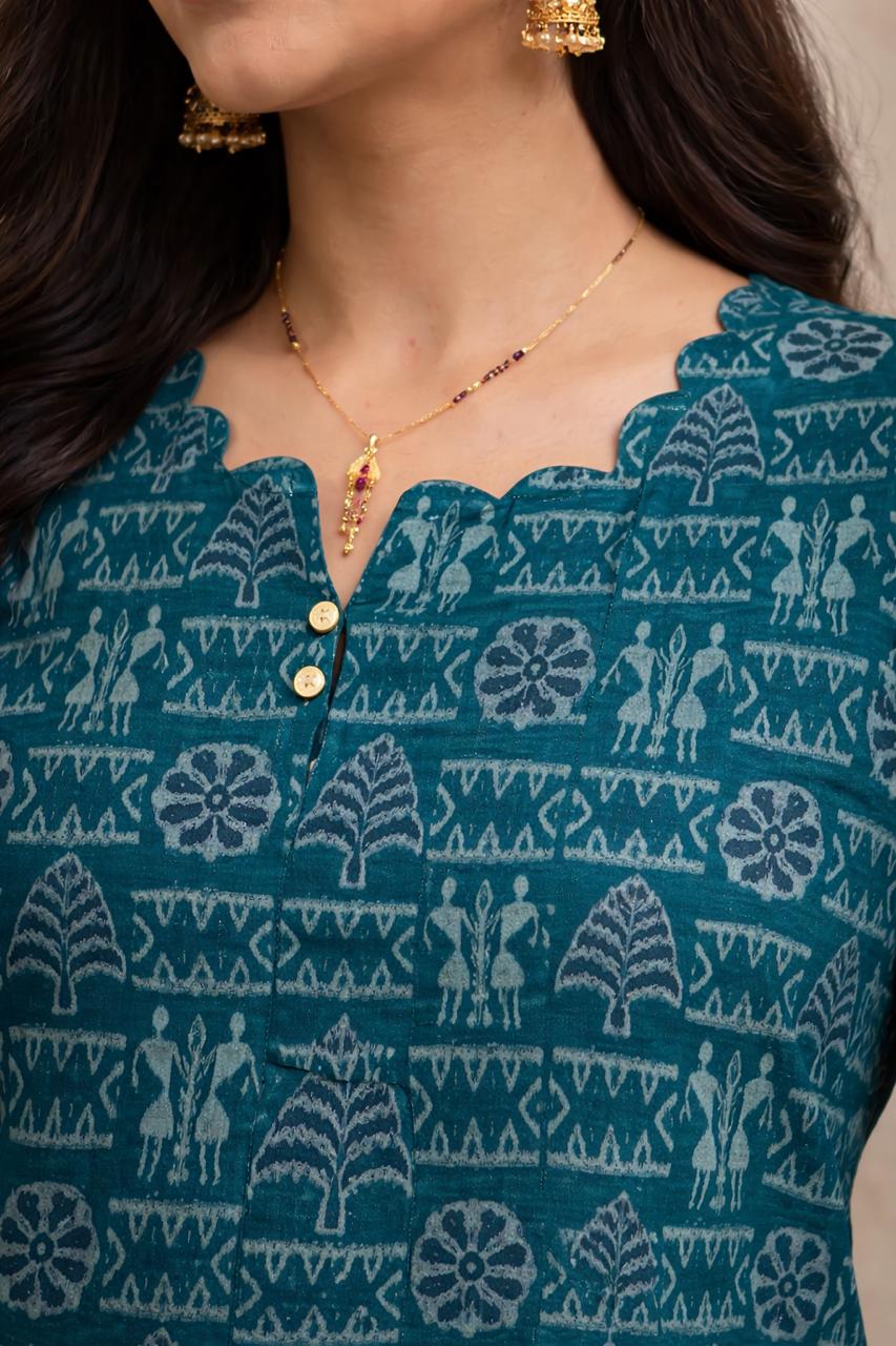 Teal tribal keyhole neck kurti-Sambalpur hand woven IKAT