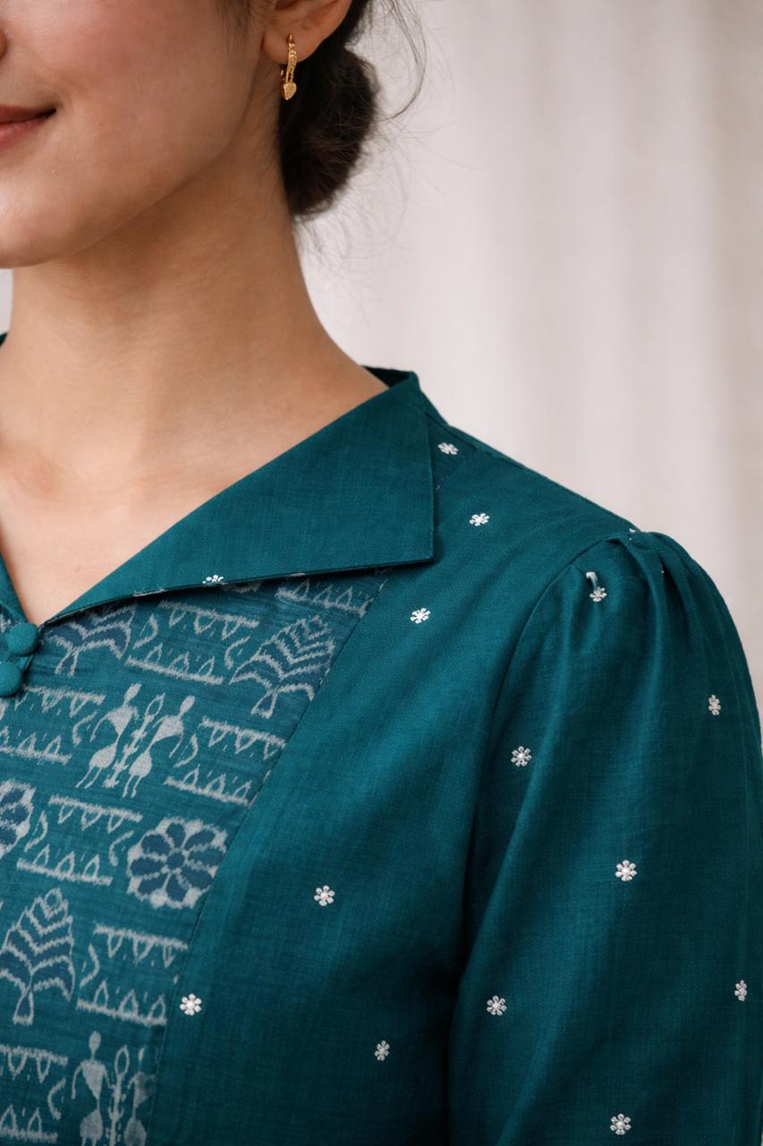 Peacock Teal heritage Kurti-Sambalpur hand woven IKAT