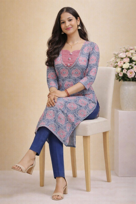 Peach Lotus Grace Kurti (peach, grey)