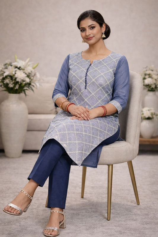 Sacred Bloom Grey Ikat Kurti (ivory)