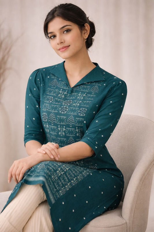 Peacock Teal heritage Kurti-Sambalpur hand woven IKAT