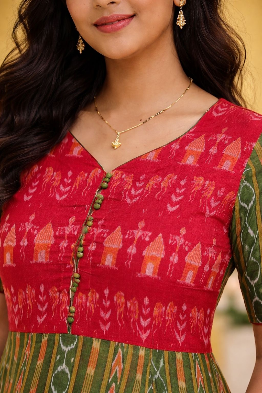 Aranya - Tribal Hut Anarkali Style Flared Kurti (green, red)