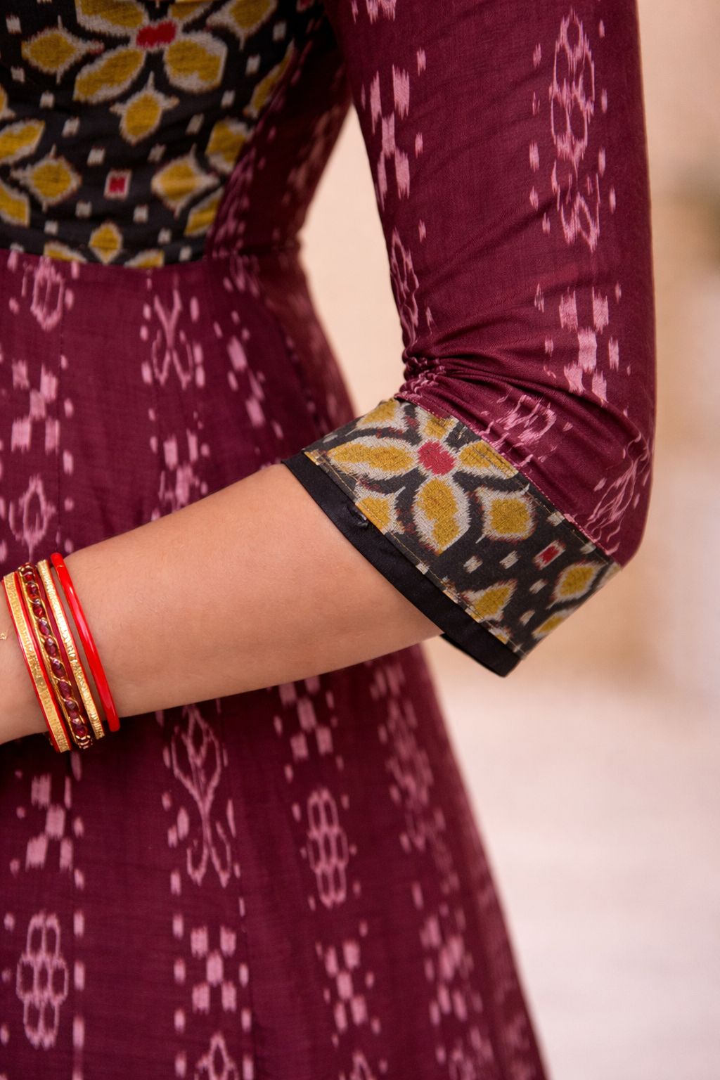 Maroon Mehfil Anarkali Style flared Ikat Kurti (maroon, black)