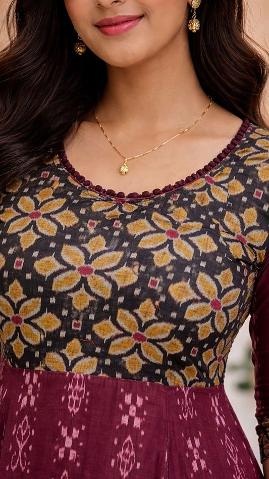 Maroon Mehfil Anarkali Style flared Ikat Kurti (maroon, black)