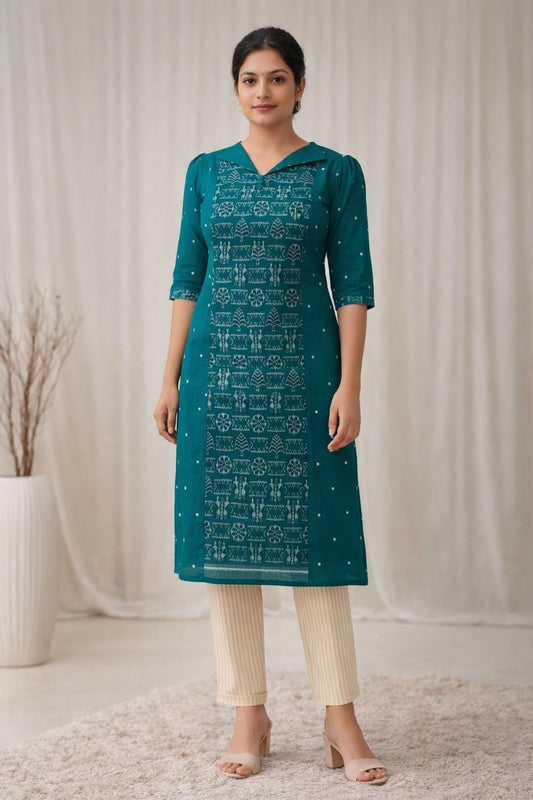 Peacock Teal heritage Kurti-Sambalpur hand woven IKAT