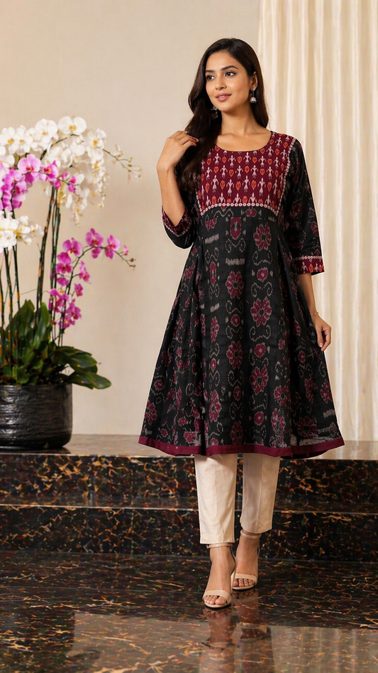Black & Maroon Ikat-Inspired Tribal Flaired Kurti