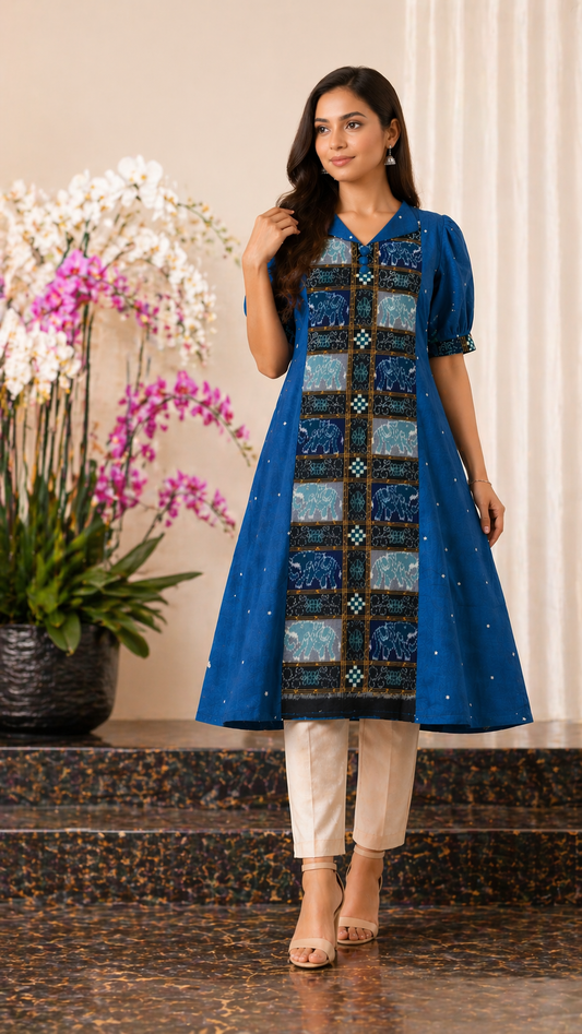 Nabakothi Zariya Elephant Motif Ikat Kurti (blue)