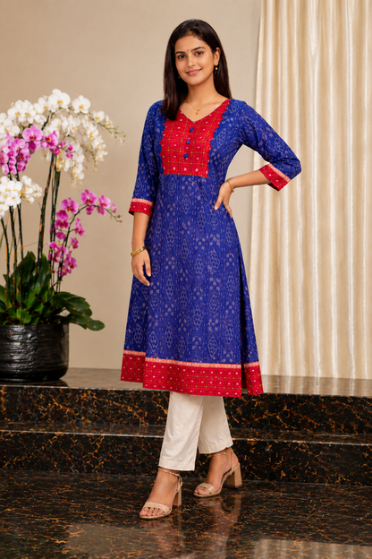 Elegant Blue Cotton Ikat Flared Kurti with Contrast Red Yoke (blue, red)