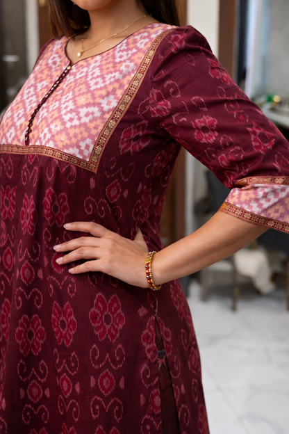 Maroon Ikat-Inspired Ethnic Cotton Kurti (maroon)