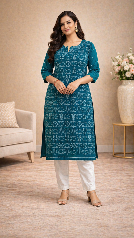 Teal tribal keyhole neck kurti-Sambalpur hand woven IKAT