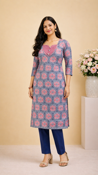 Peach Lotus Grace Kurti (peach, grey)