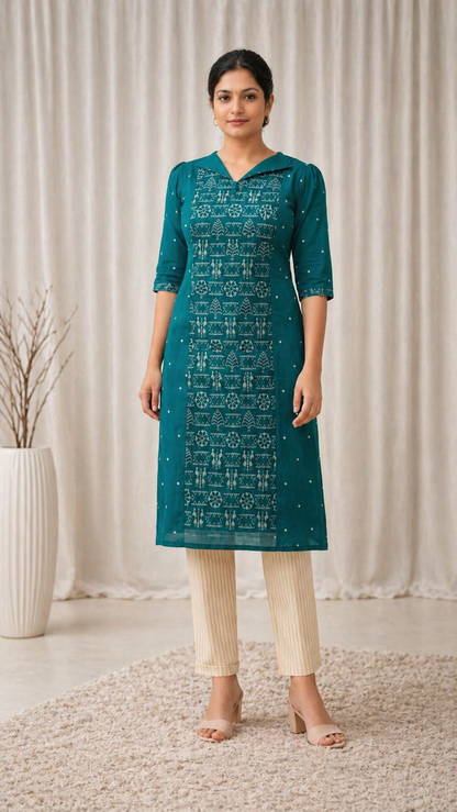 Peacock Teal heritage Kurti-Sambalpur hand woven IKAT