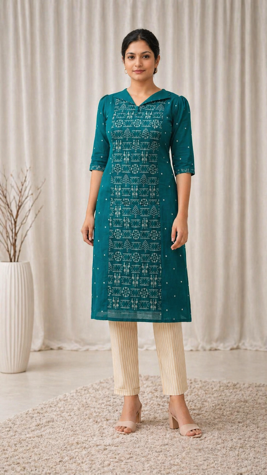 Peacock Teal heritage Kurti-Sambalpur hand woven IKAT