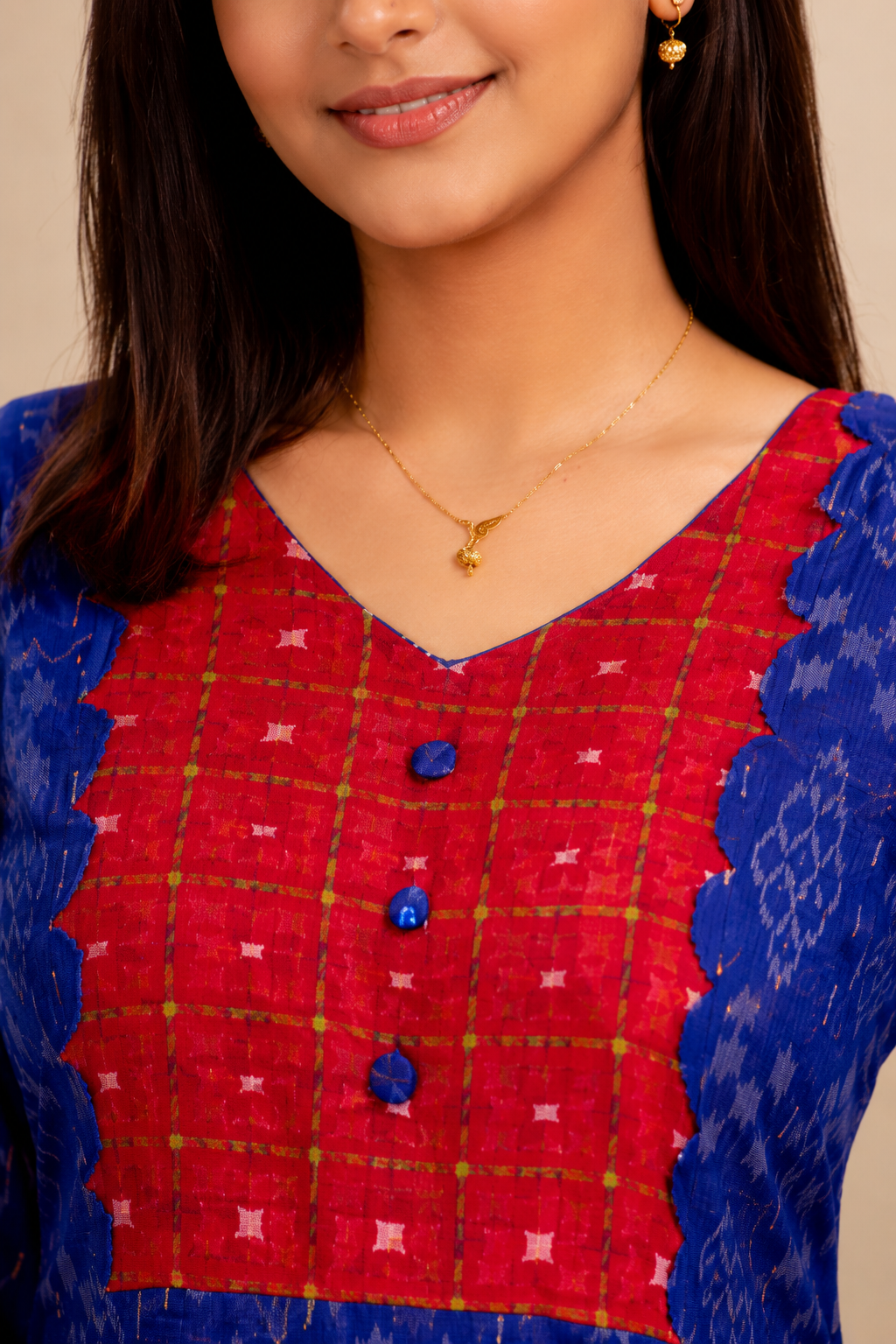 Elegant Blue Cotton Ikat Flared Kurti with Contrast Red Yoke (blue, red)