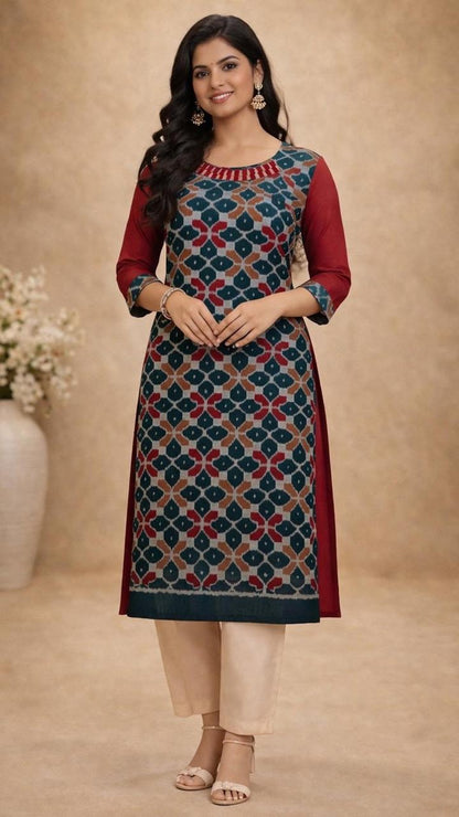 Ladder Cutwork Neckline - Emeral Maroon IKAT Kurti (marron, Green)