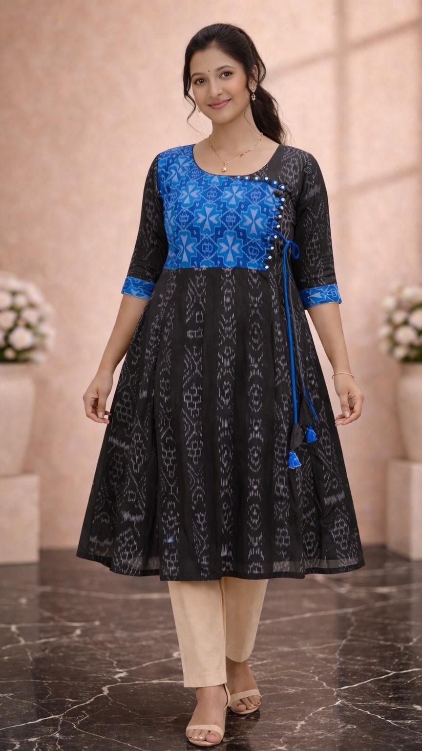 Midnight Indigo Ikat Flared Kurti (blue, black)