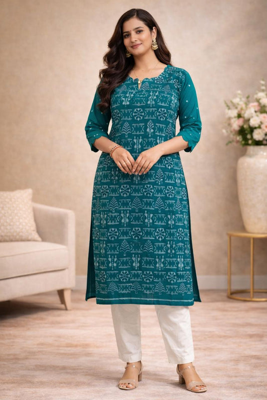Teal tribal keyhole neck kurti-Sambalpur hand woven IKAT