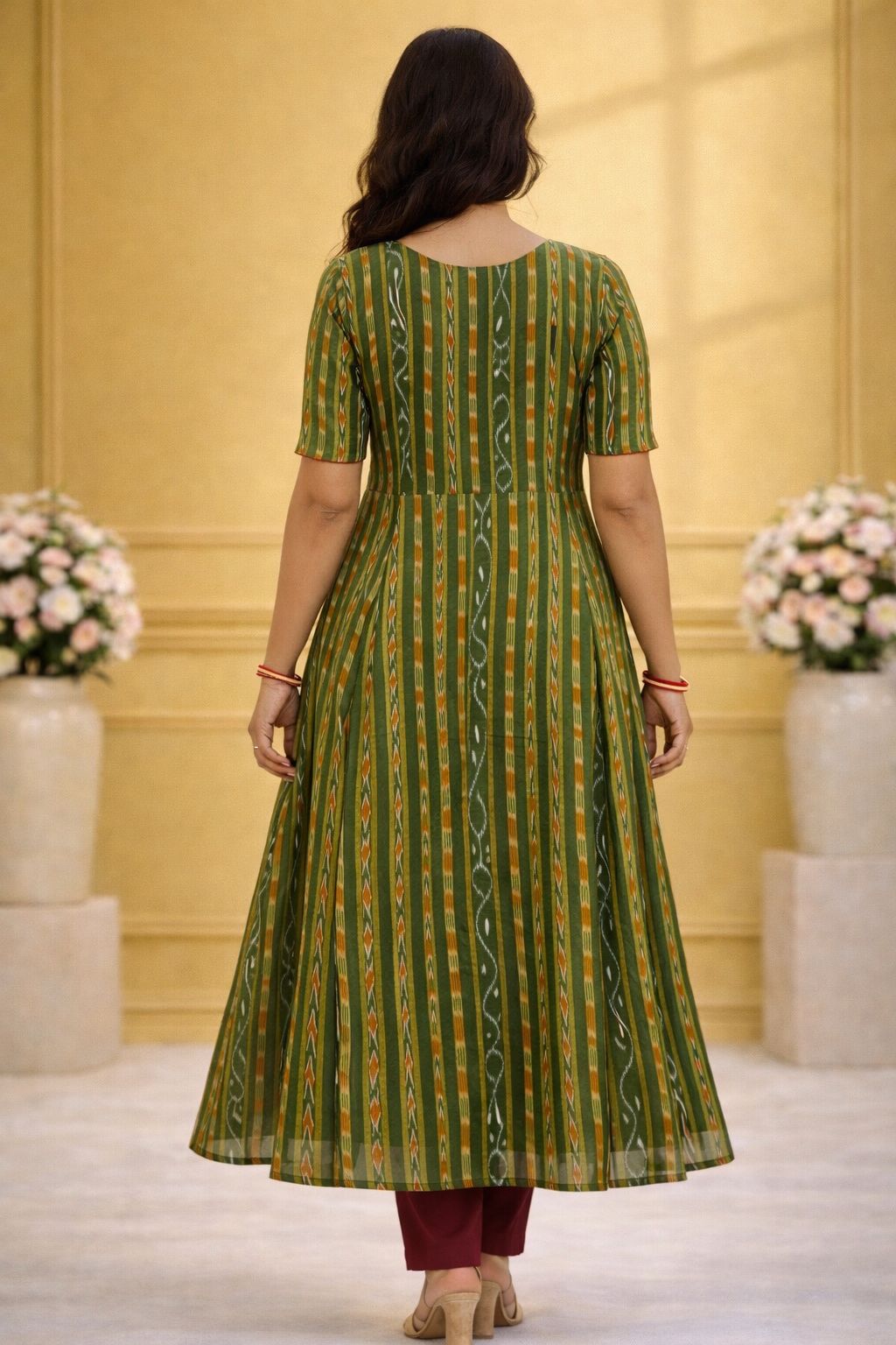 Aranya - Tribal Hut Anarkali Style Flared Kurti  (green, red)