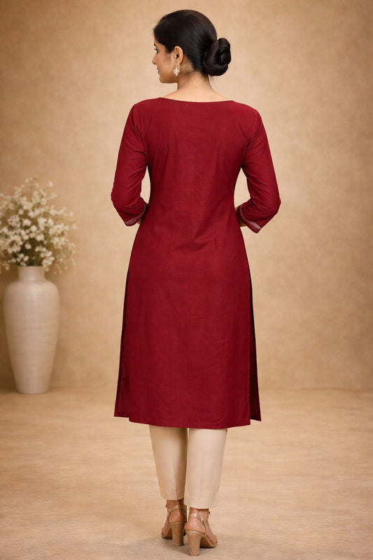 Ladder Cutwork Neckline - Emeral Maroon IKAT Kurti (marron, Green)