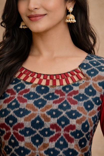 Ladder Cutwork Neckline - Emeral Maroon IKAT Kurti (marron, Green)