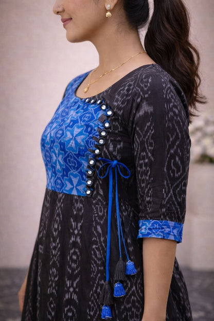 Midnight Indigo Ikat Flared Kurti (blue, black)