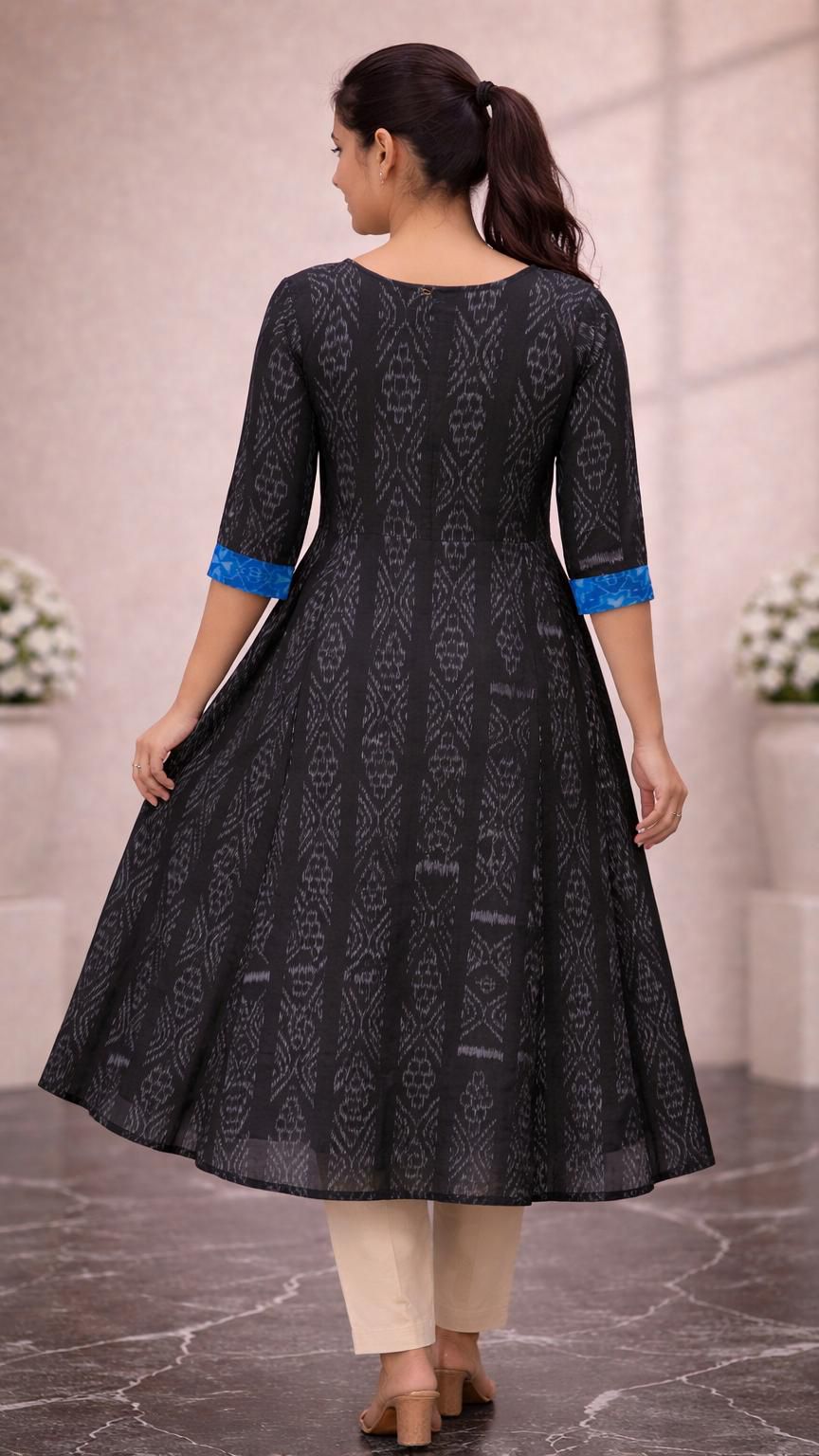 Midnight Indigo Ikat Flared Kurti (blue, black)