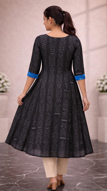 Midnight Indigo Ikat Flared Kurti (blue, black)