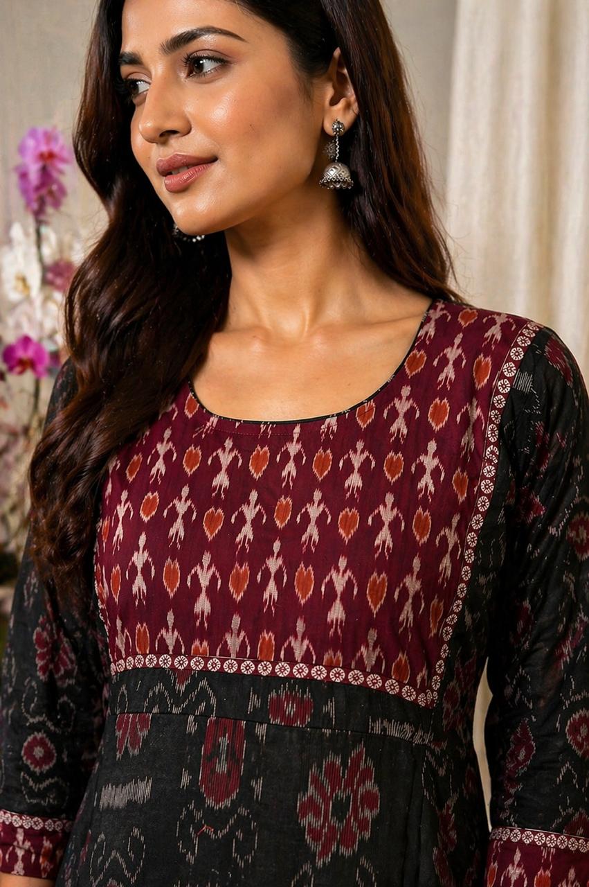 Black & Maroon Ikat-Inspired Tribal Flaired Kurti
