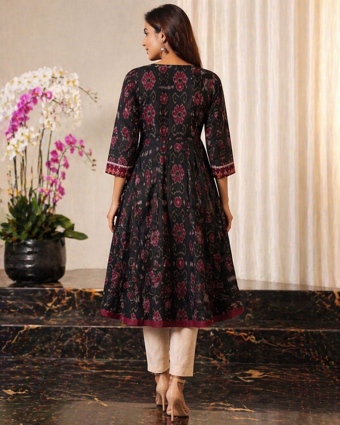 Black & Maroon Ikat-Inspired Tribal Flaired Kurti