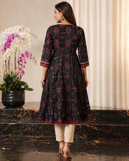 Black & Maroon Ikat-Inspired Tribal Flaired Kurti