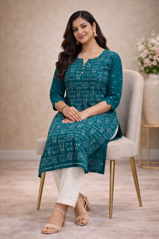 Teal tribal keyhole neck kurti-Sambalpur hand woven IKAT