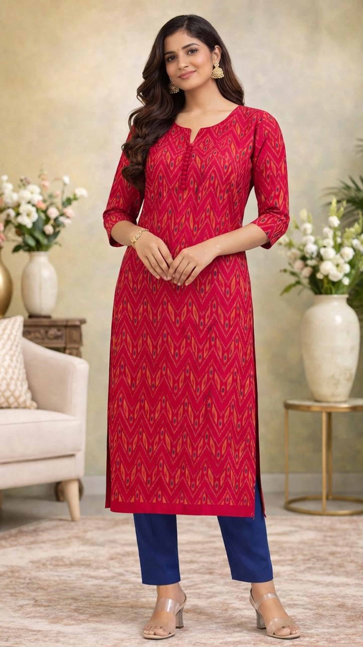 Crimson elegance kurti-Sambalpur hand woven IKAT