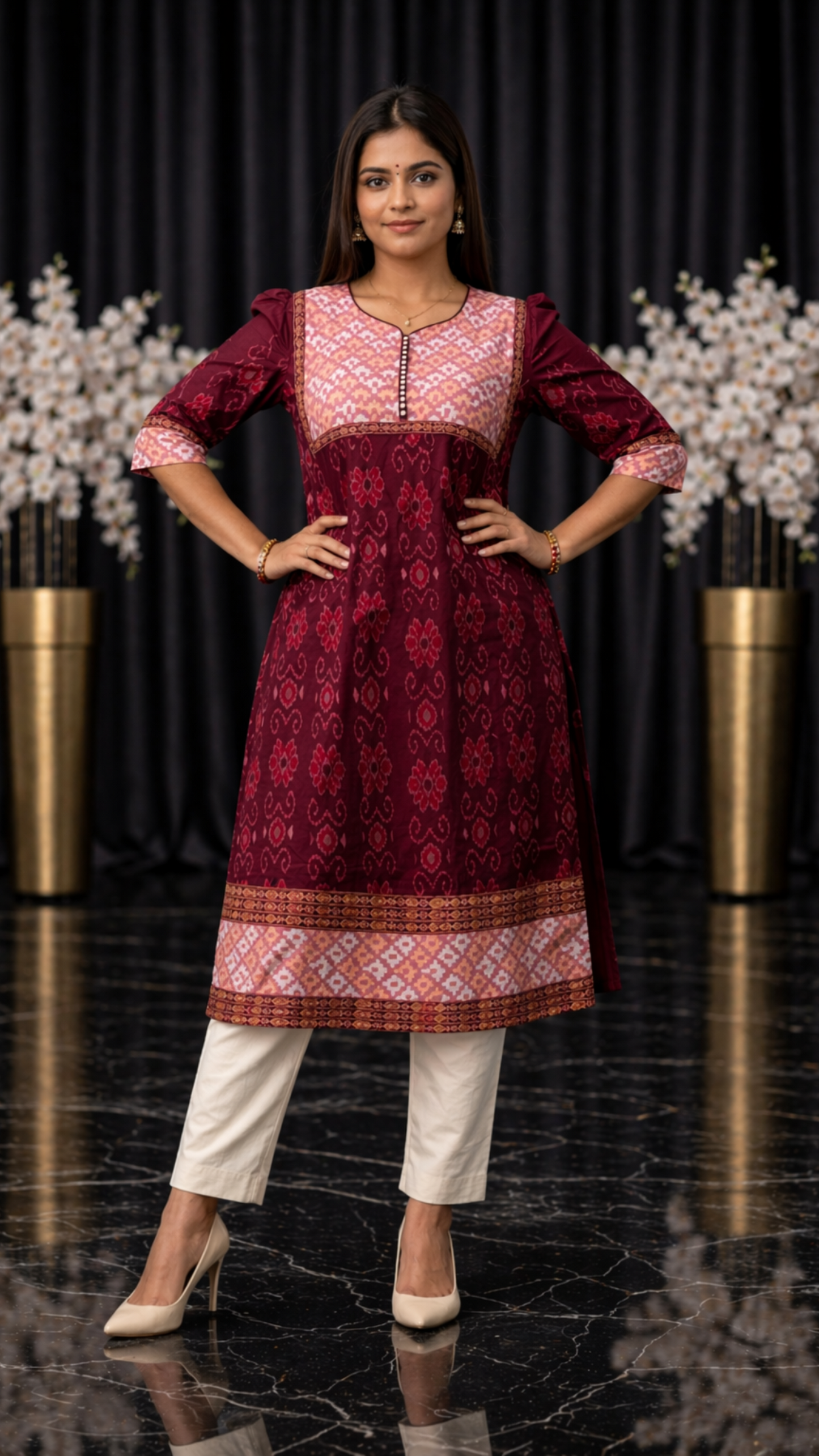 Maroon Ikat-Inspired Ethnic Cotton Kurti (maroon)