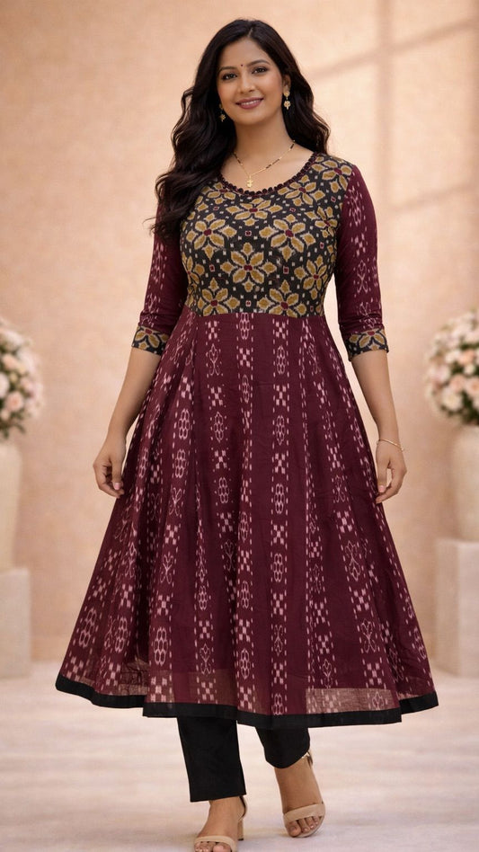 Maroon Mehfil Anarkali Style flared Ikat Kurti (maroon, black)