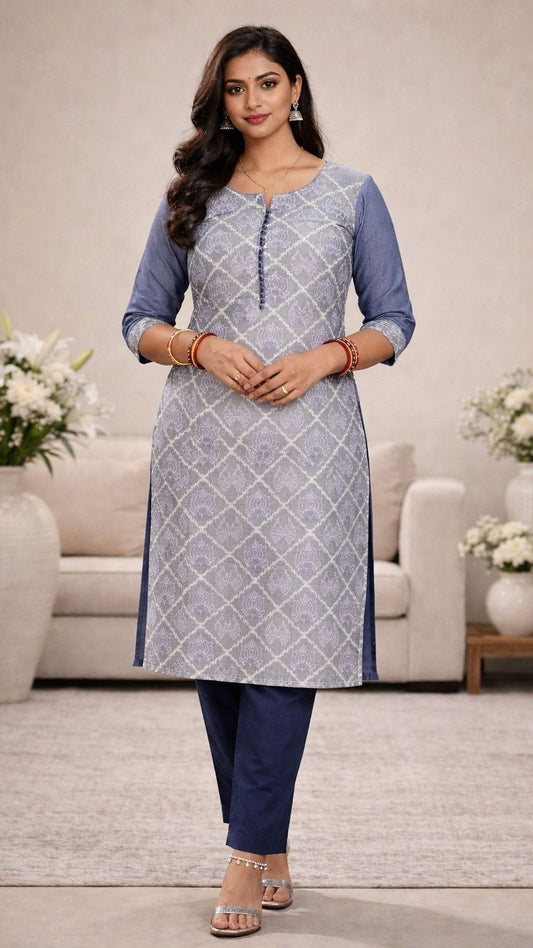 Sacred Bloom Grey Ikat Kurti (ivory)