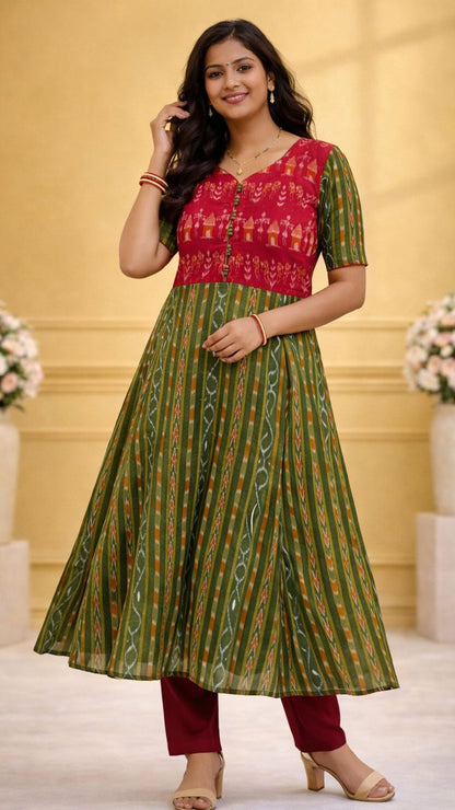 Aranya - Tribal Hut Anarkali Style Flared Kurti  (green, red)